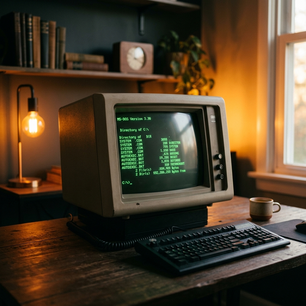 Retro CRT monitor with glowing terminal code in a warm amber atmosphere